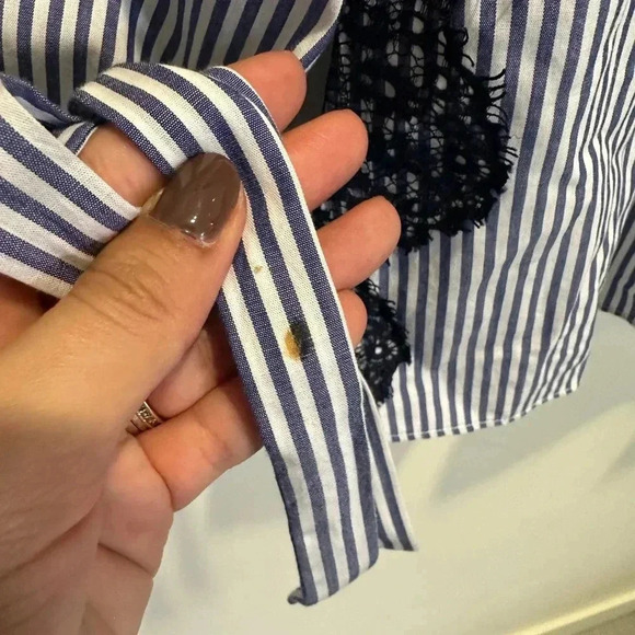 Tanya Taylor Pinstriped Off the Shoulder Lace Isadora Poplin Top - Picture 5 of 12